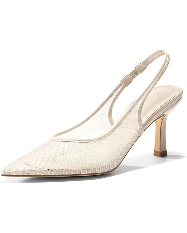 Coutgo Womens Mesh Slingback Kitten Heels Pointed Toe Low Heel Pumps Sexy Dress Shoes | Amazon (US)