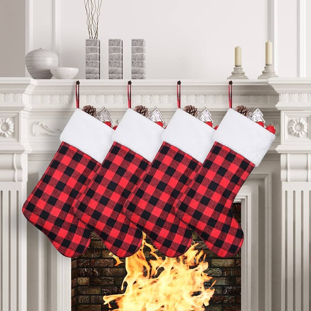 Amazon.com: ElegantPark Plaid Christmas Stockings 4 Pack Red and Black Large Check Christmas Stoc... | Amazon (US)
