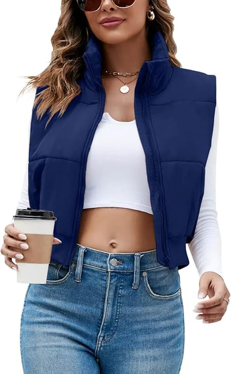 Imily Bela Womens Cropped Puffer Vest Stand Collar Sleeveless Zip Up Padded Gilet | Amazon (US)