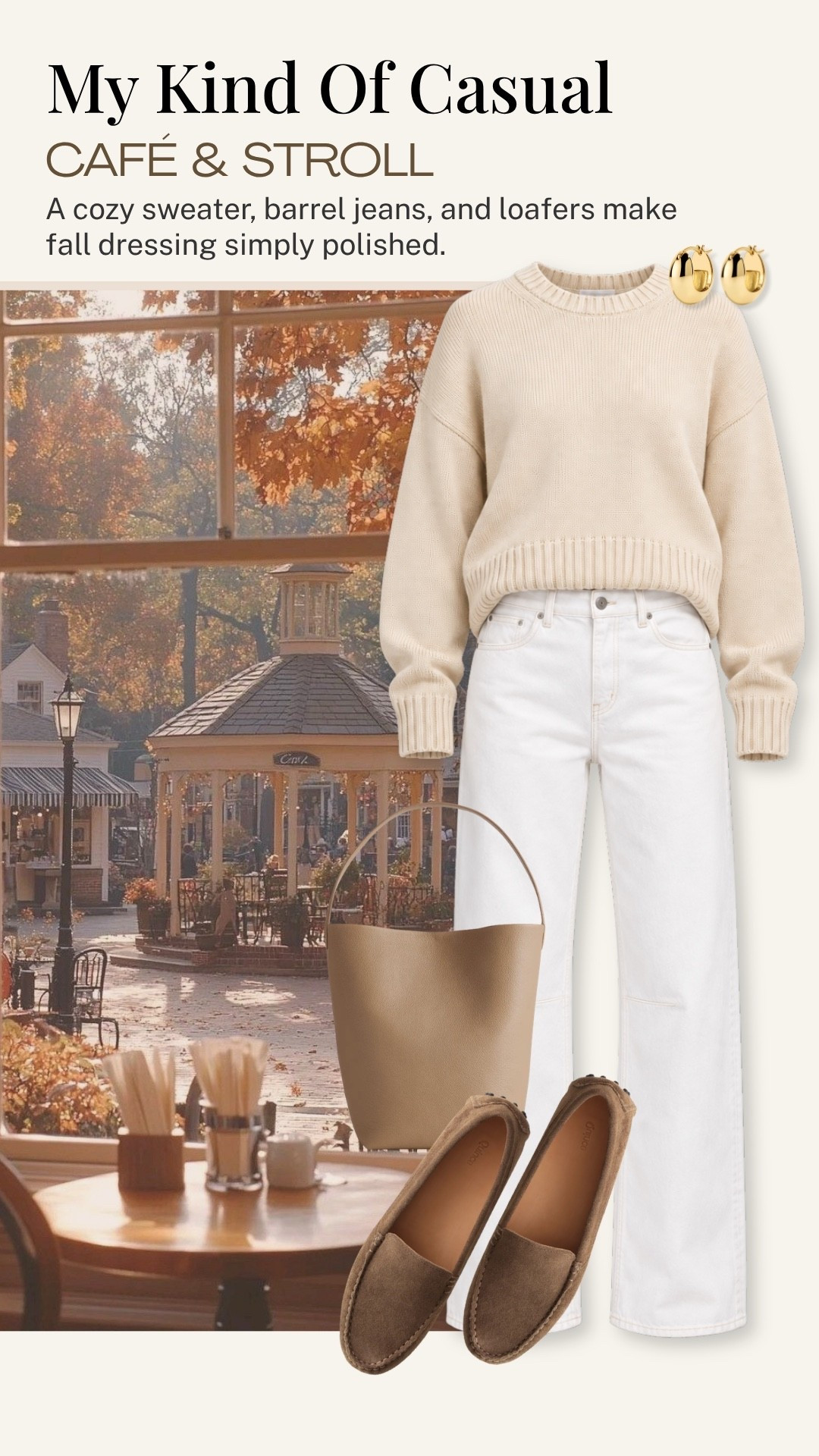 A cozy sweater, white barrel-leg jeans, and suede loafers are such an easy combination for a fall café date or afternoon stroll. I love how the warm neutrals keep this casual look feeling polished and timeless.

#LTKootd #LTKOver40 #LTKSeasonal
