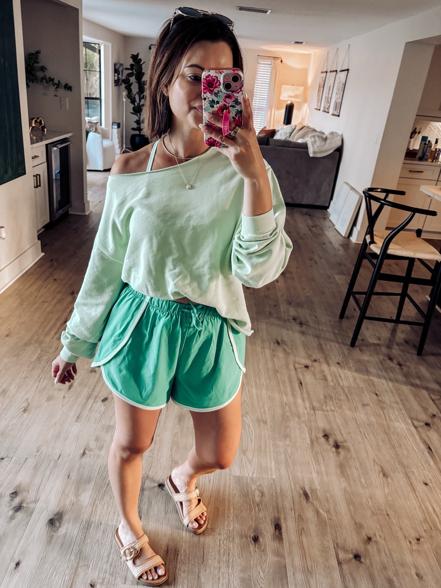 Everything green for today’s ootd! This @Aerie off-shoulder sweatshirt is one of the coziest pieces you’ll ever put on. Just got these shorts from @Target and I love! Easy spring outfit idea. 💚🌿

#LTKgrwm #LTKdayinmylife #LTKootd