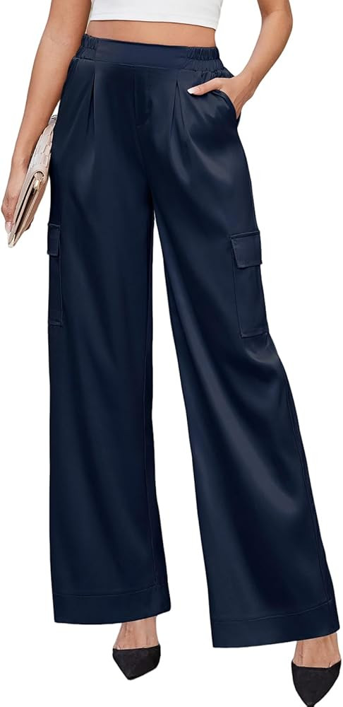 ZAFUL Womens Satin Pants Wide Leg High Waisted Cargo Pants Silky Dressy Casual Slack Trousers | Amazon (US)