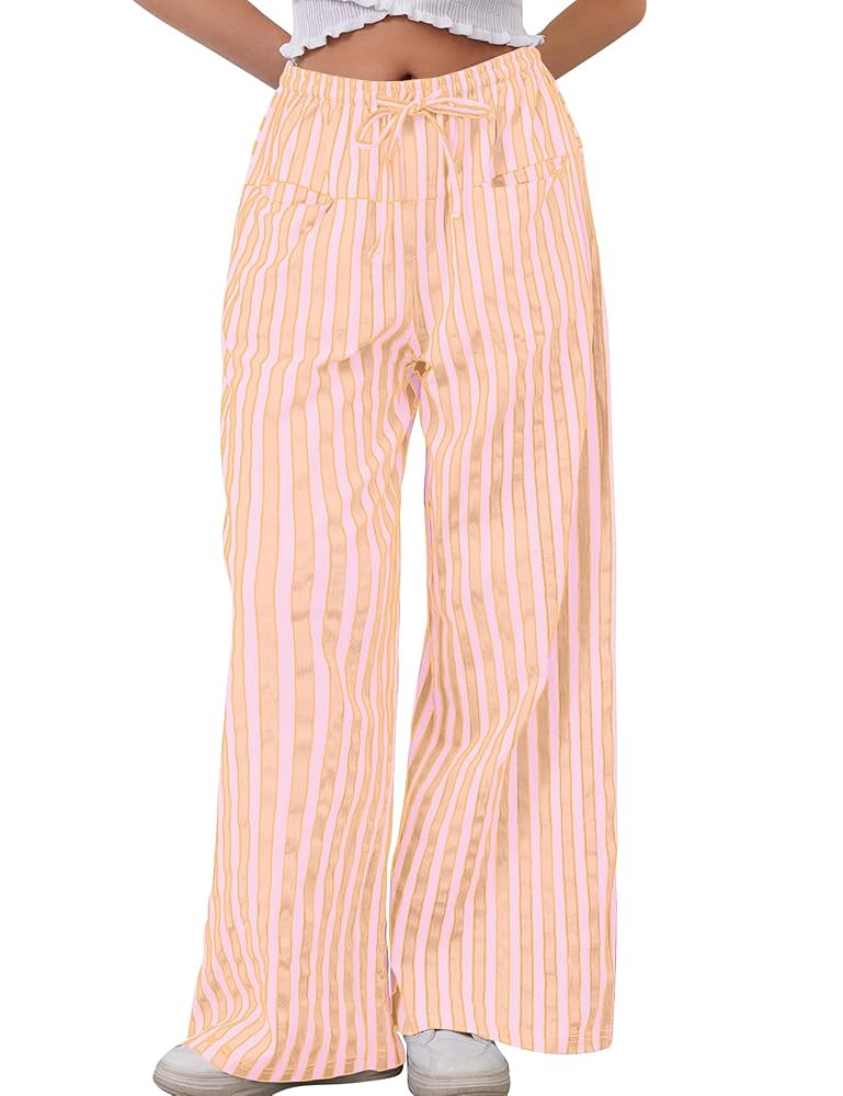 MISSACTIVER Women Drawstring Striped Pants Loose Wide Leg Trousers Casual Low Waist Pants Comfy L... | Amazon (US)