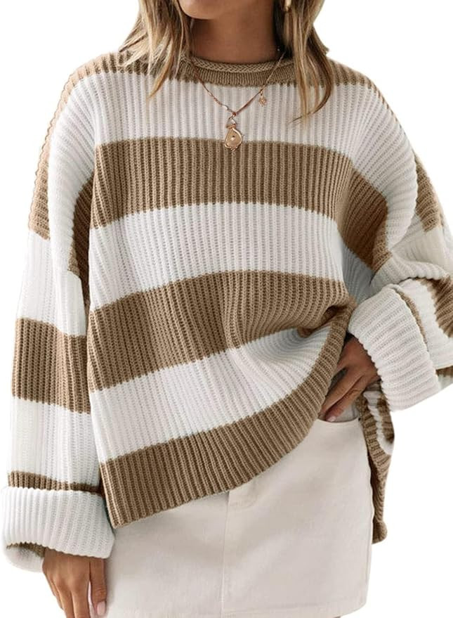 ZESICA Women's 2026 Fall Long Sleeve Oversized Striped Color Block Comfy Loose Crew Neck Knitted ... | Amazon (US)
