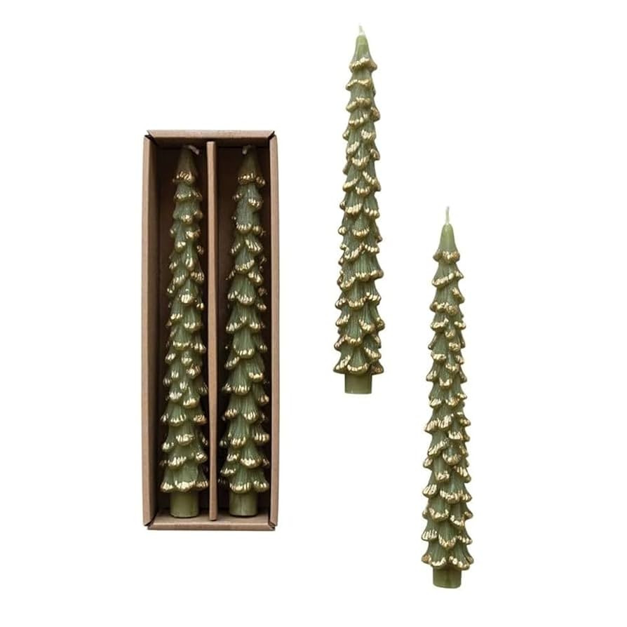 Creative Co-Op Golden-Tipped Elegance Tree Shaped Taper Candles, Evergreen, Set of 2 | Amazon (US)