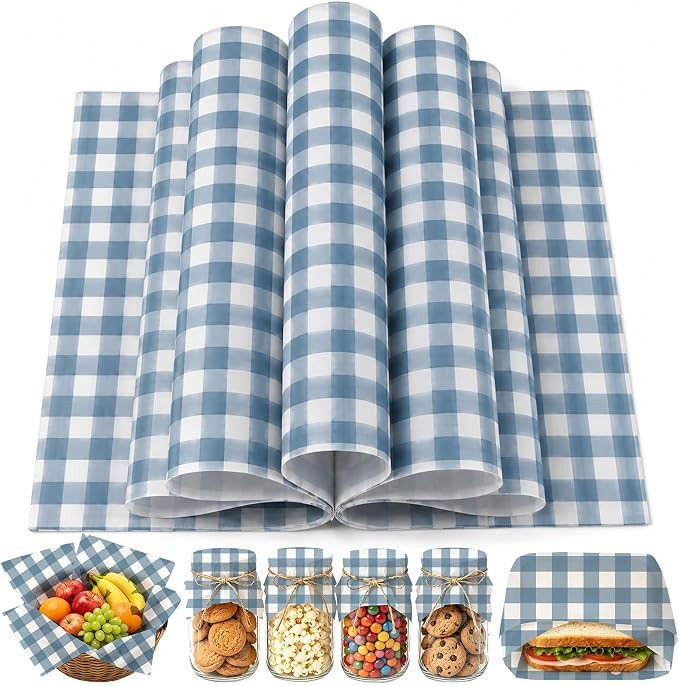 150 Sheets Dusty Blue Plaid Wax Paper for Food Deli, 9.8 x 8.3'' Gingham Plaids Greaseproof Wrapp... | Amazon (US)