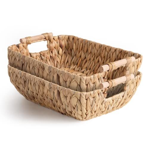 StorageWorks Hand-Woven Large Storage Baskets with Wooden Handles, Water Hyacinth Wicker Baskets for | Amazon (US)