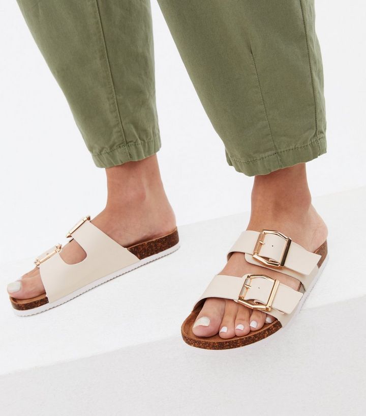 Off White Buckle Double Strap Footbed Sliders
						
						Add to Saved Items
						Remove from S... | New Look (UK)
