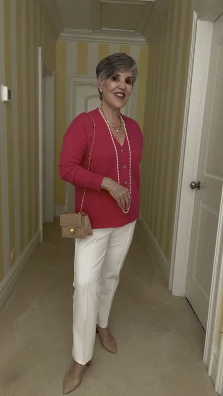 Colorful spring look for a bridal shower in Chicago! Pink boyfriend cardigan over white Talbots pants. Add pearls, a gold necklace and watch. Nude pumps and a bag (GREAT BUY!).#ltkover50
#ltkitbag #ltkshoecrush


#LTKtravel #LTKfindsunder50 #LTKover40