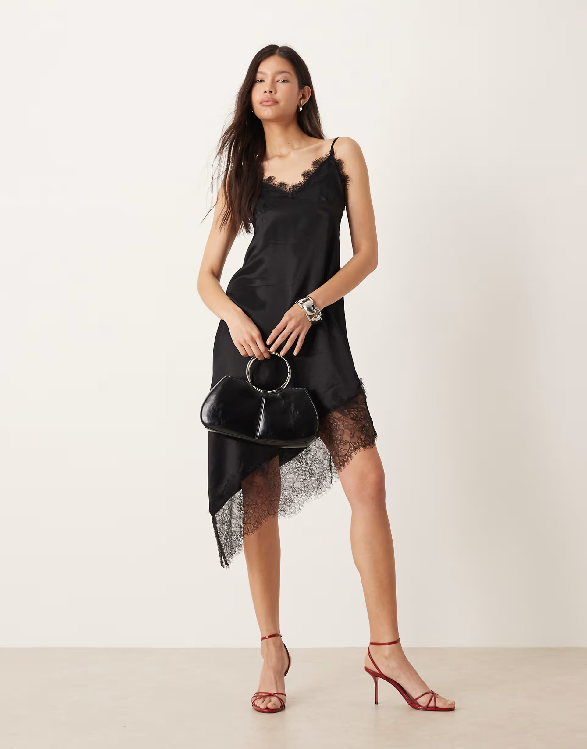 ASOS DESIGN satin lace trim asymmetric hem maxi dress in black | ASOS | ASOS (Global)