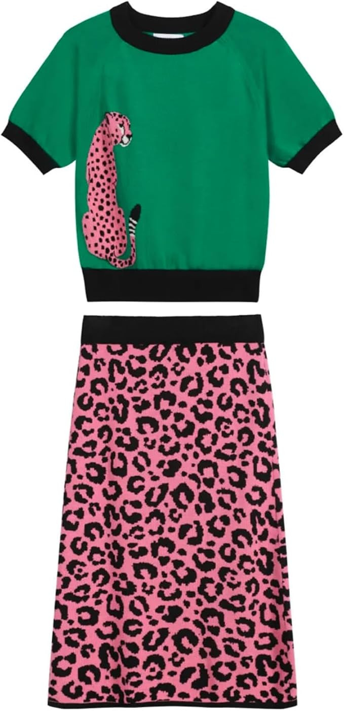 OXKNIT Women's Knitted Vest Skirt Sets, 1960s Mod Style Retro Leopard Green T-shirt Pink A-Shape ... | Amazon (US)