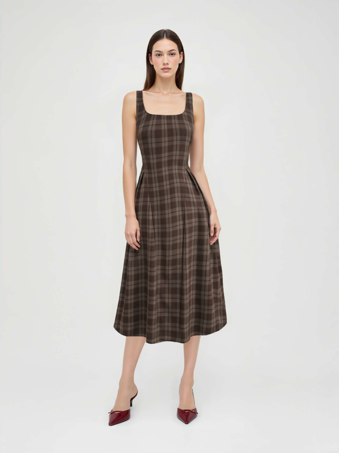 Preppy Woven Square Neck Check Pleated Zipper Maxi Dress For Work | Cider
