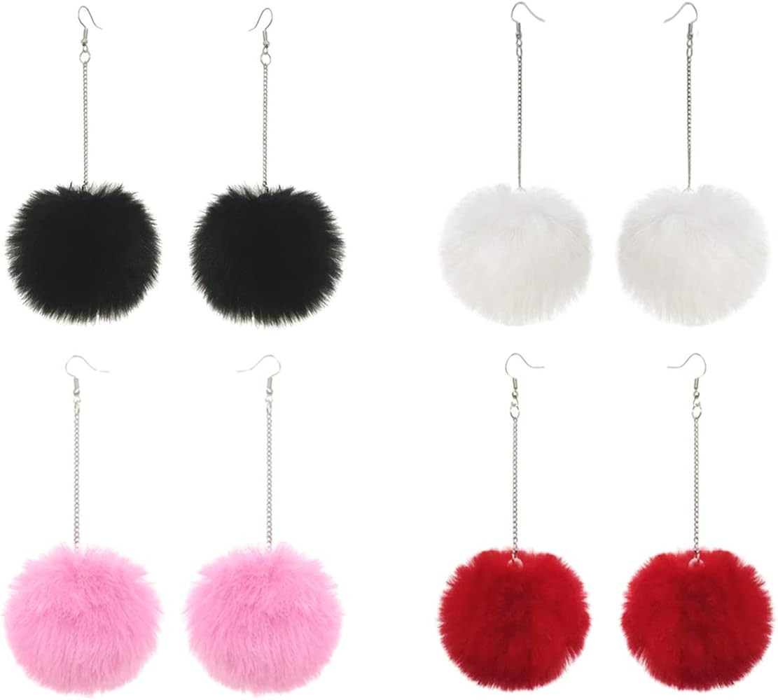 4 Pairs Pom Pom Dangle Earrings Set Statement Fluffy Fur Ball Drop Earrings Keychain for Women Gi... | Amazon (US)