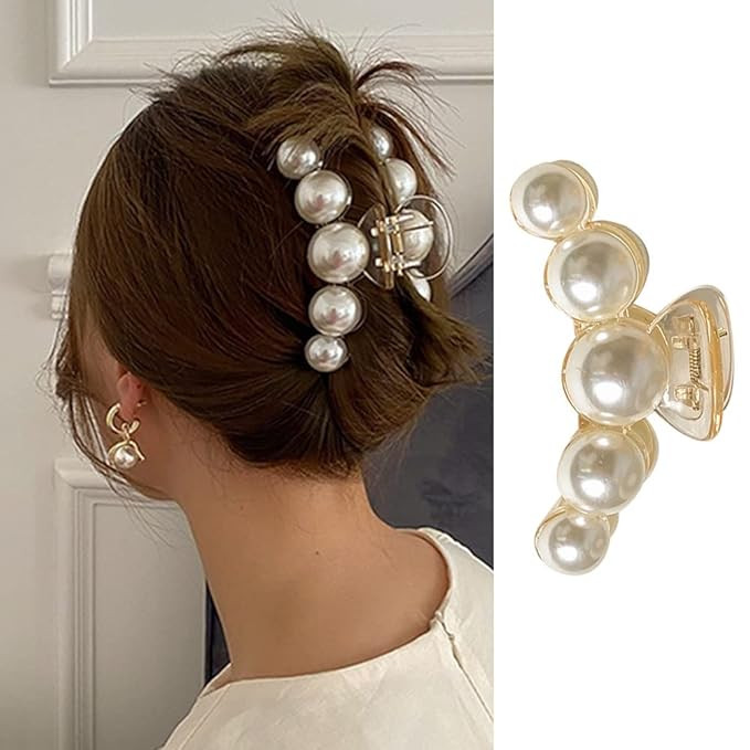 Large Pearl Hair Claw Clips for Strong Hold - Nonslip Champagne Color Hair Jaw Clips for Thick/Th... | Amazon (US)