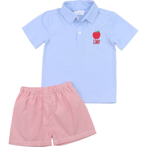 Blue And Red Stripe Apple Polo Short Set | Cecil and Lou