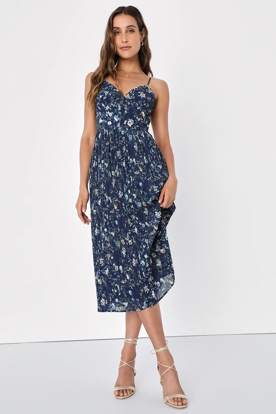 Poise and Perfection Navy Floral Print Pleated Midi Dress | Lulus (US)