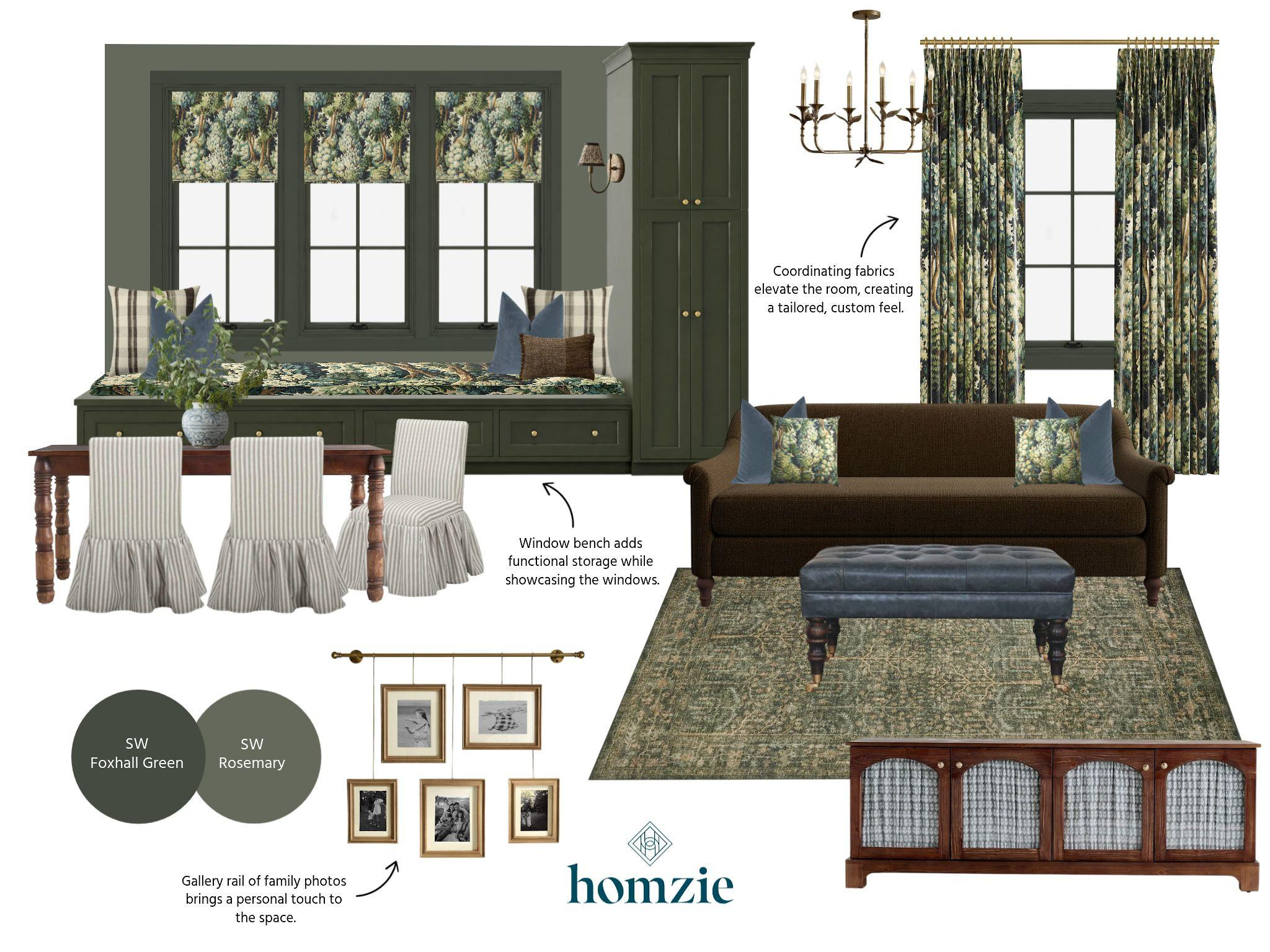 Bold, inviting, and designed for everyday living. 💚✨

This color-drenched bonus room layers rich textures and coordinating fabrics for a tailored, custom feel. A built-in window bench adds hidden storage and a cozy place to relax, while the dark wood table, striped skirted chairs, leather ottoman, and media cabinet create a warm, functional space. A gallery rail of family photos adds the perfect personal touch, making this room ideal for gathering, entertaining, and making memories. 

 #LTKHome #BonusRoom #ColorDrenched #InteriorDesign #HomeDecor #TimelessDesign #FamilyHome #LTKCreator