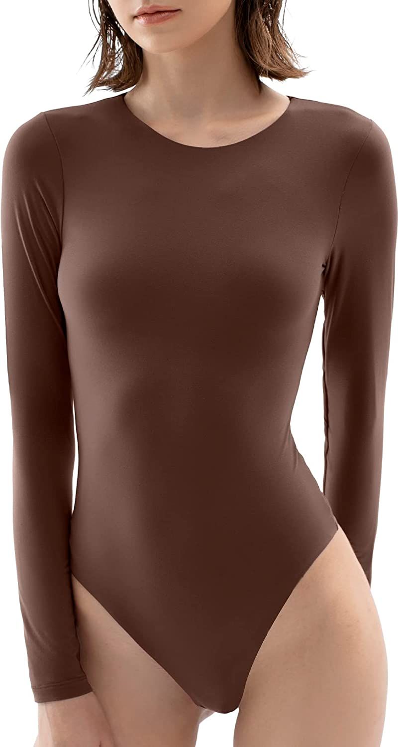 PUMIEY Women's Crew Neck Long Sleeve Bodysuit Second-skin Feel Tops Sexy Body Suits Women Clothin... | Amazon (US)