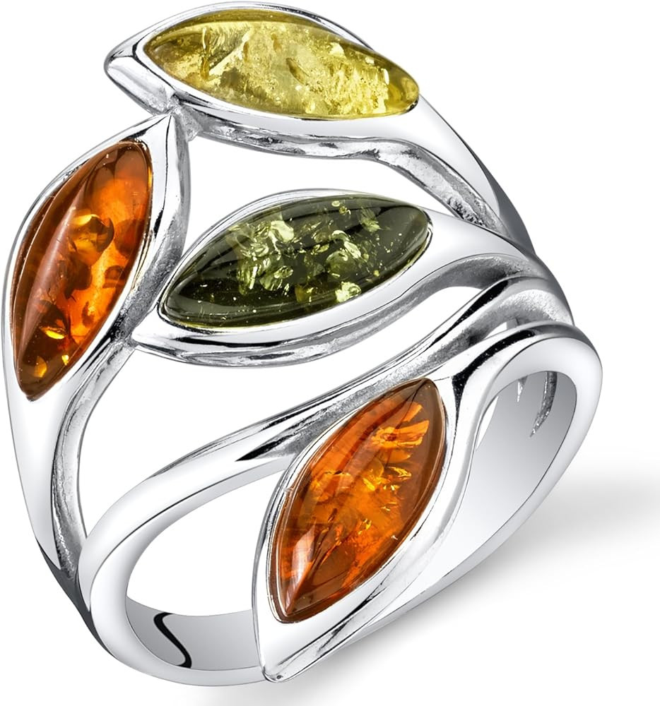 Peora Genuine Baltic Amber Leaf Ring for Women 925 Sterling Silver, Rich Cognac, Olive Green, Hon... | Amazon (US)