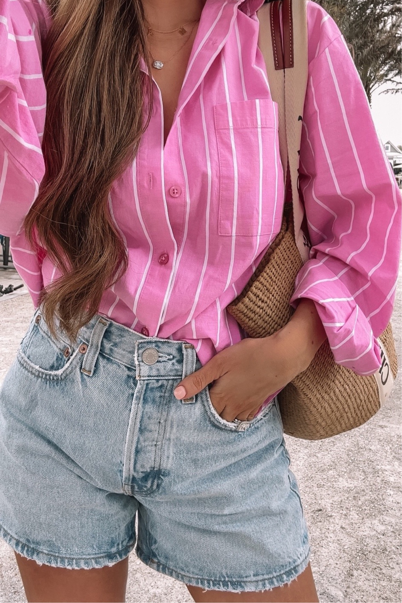 Cute and casual outfit for spring and summer! 
Spring fashion, summer fashion, casual fashion, pink button up shirt, Agolde denim, Agolde shorts, denim shorts 

#LTKSeasonal #LTKstyletip #LTKswim