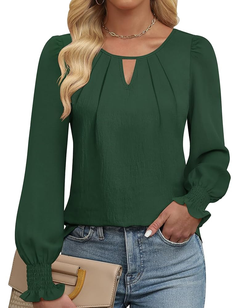 Womens Long Sleeve Tops Dressy Casual Keyhole Blouses Pleated Tops 2025 Trendy Basic Work Shirts | Amazon (US)