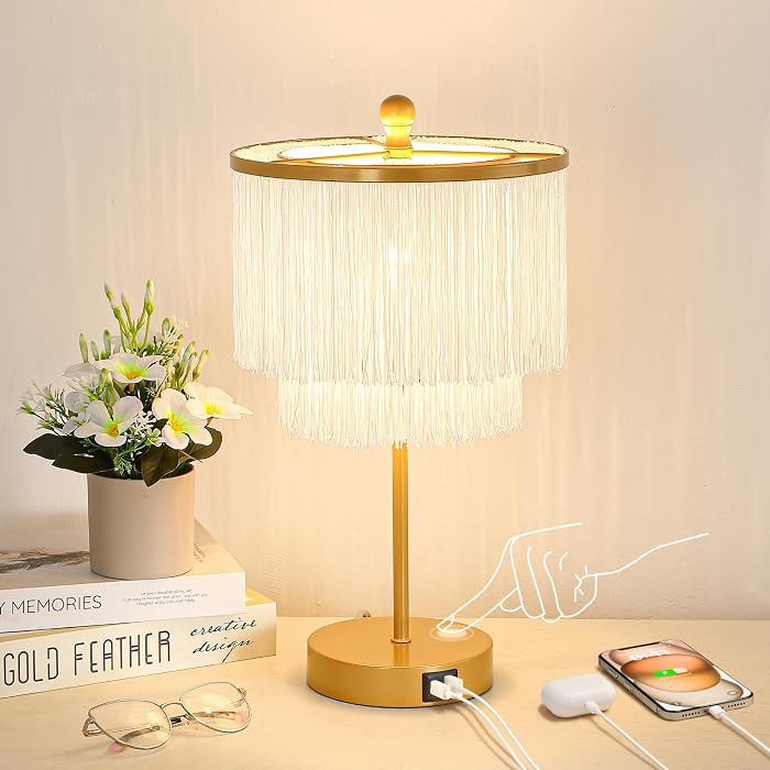 Boho Lamp for Bedroom, 3-Way Dimmable Bedside Touch Lamp with USB Charging Port, Gold Table Lamp,... | Amazon (US)