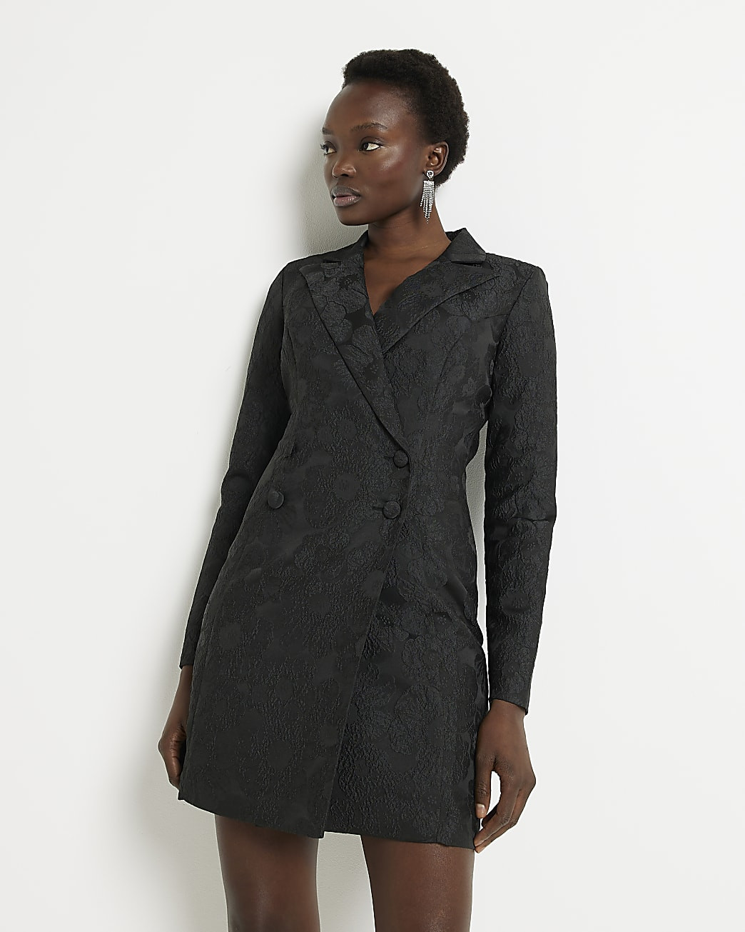 Black jacquard floral mini blazer dress | River Island (UK & IE)