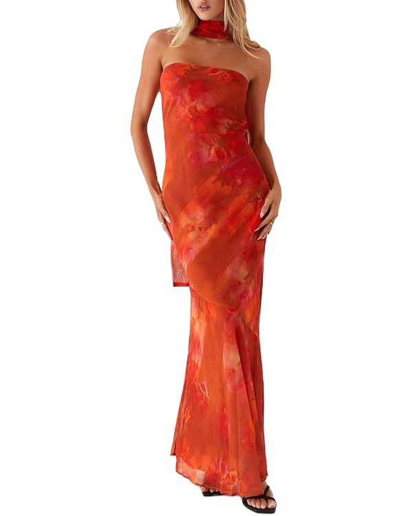 Women Strapless Floral Dress with Sarf Mesh Tube Maxi Dress Summer Cocktail Wedding Guest | Amazon (US)