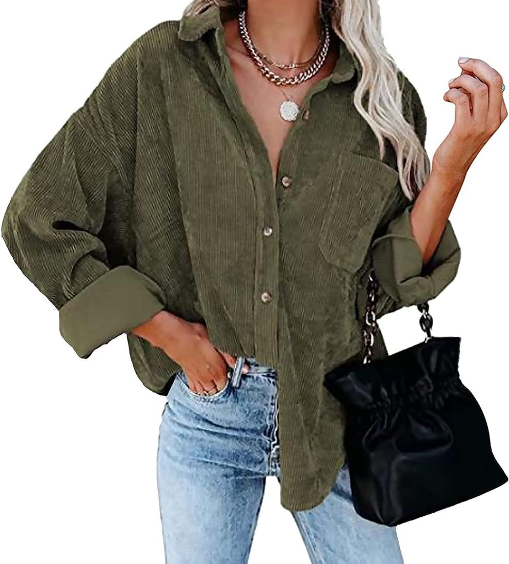 Womens Corduroy Shirts Long Sleeve Boyfriend Oversized Button Down Blouses Tops Casual Loose Jacket  | Amazon (US)