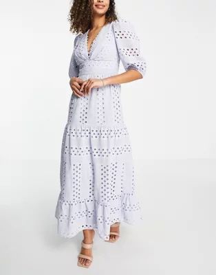 ASOS DESIGN Premium plunge broderie tiered midi dress with button neck in blue | ASOS (Global)
