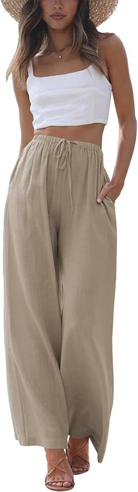 Women's Summer Cotton Linen Wide Leg Pants Drawstring Casual Flowy Palazzo Beach Trousers with Po... | Amazon (US)
