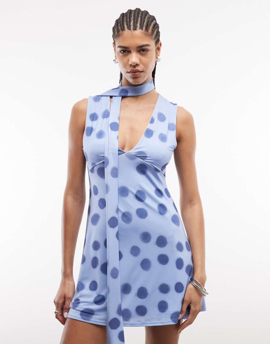Reclaimed Vintage blue polka dot jersey scarf mini dress | ASOS (Global)