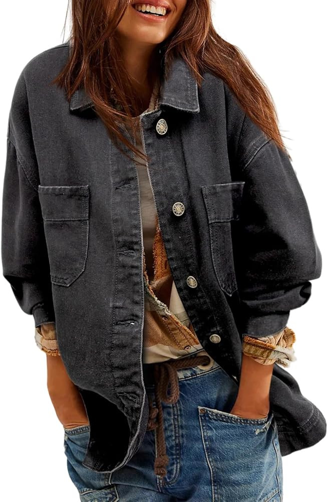Sidefeel Women's Jean Jacket Oversized Boyfriend Button Up Long Sleeve Split Denim Jackets | Amazon (US)
