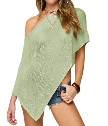 Women Knit Poncho Top Y2k Off Shoulder Crochet Sheer Shawl Asymmetrical Hem Cover Up Shrug Sweater(Casual Green,Large) | Amazon (US)