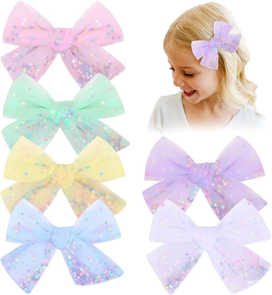 6 PCS Tulle Hair Bows for Girls, CN Toddler Bows with Glitter Star Alligator, Colorful Hair Barre... | Amazon (US)