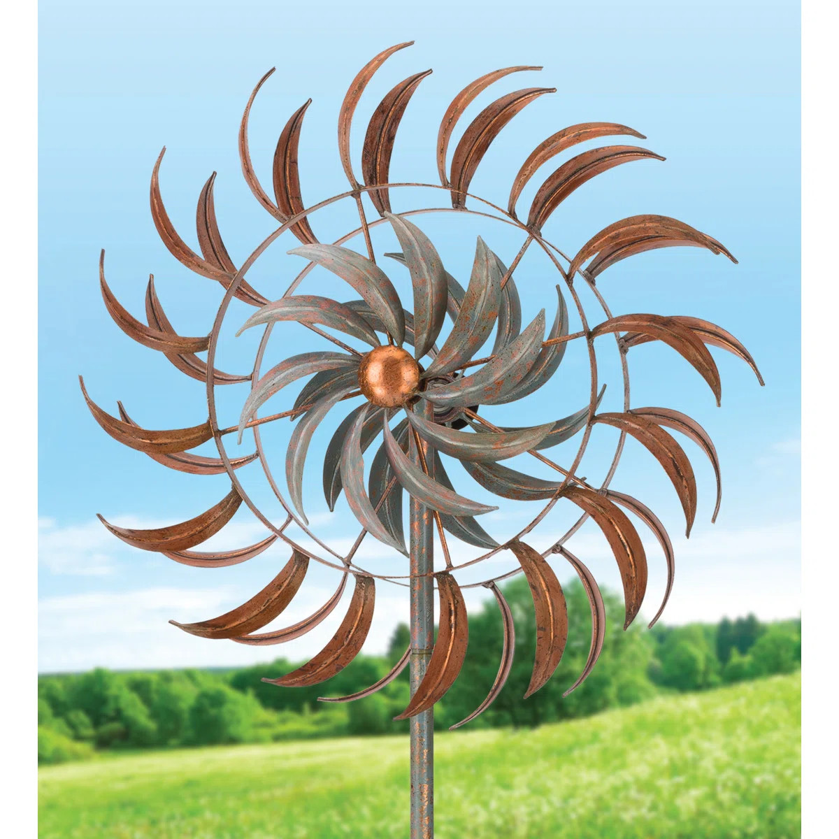 75" Metal Outdoor Garden Wind Spinner with Powder Coated Finish and Five Prong Ground Stake - Cop... | Wayfair North America