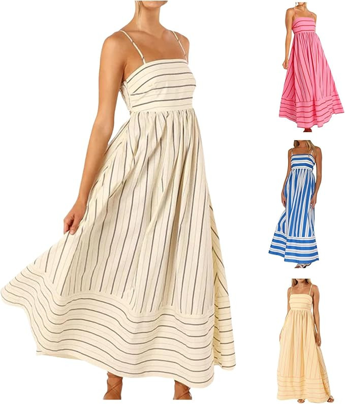 Cut Out Dresses Women Summer Striped Dress Flowy Maxi Dress Back Smocked Dress Sexy Spaghetti Str... | Amazon (US)