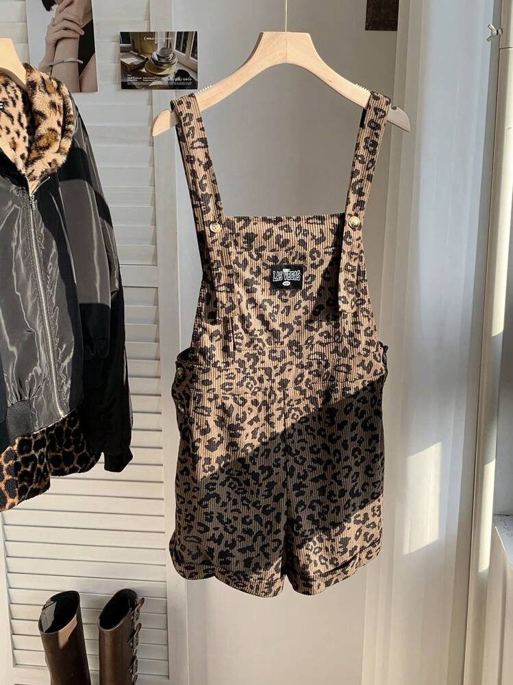 Comfortcana Women's Vintage Brown Woven Corduroy Leopard Print Casual Bib Jumpsuit | SHEIN