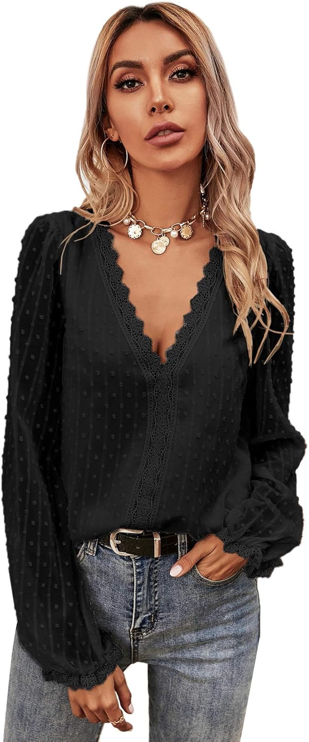 DIDK Women's Elegant Long Puff Sleeve V Neck Tops Swiss Dots Lace Chiffon Blouse Top | Amazon (US)