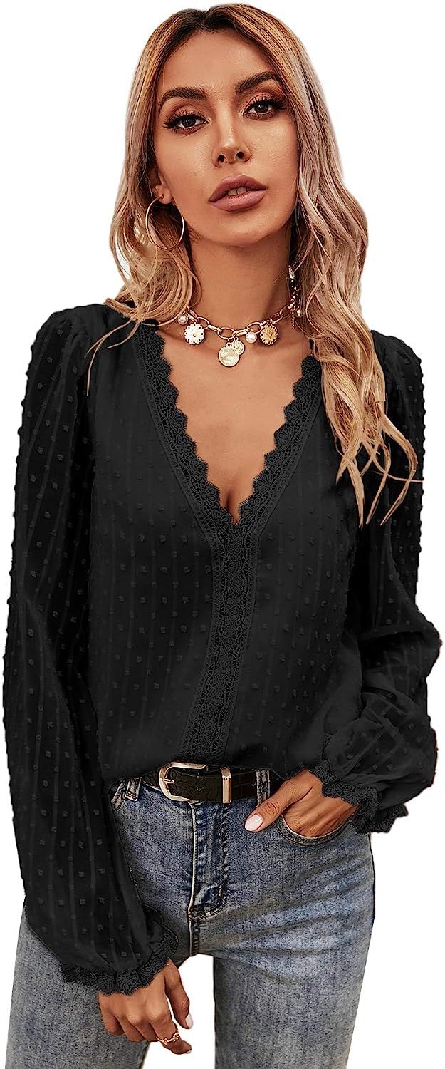 DIDK Women's Elegant Long Puff Sleeve V Neck Tops Swiss Dots Lace Chiffon Blouse Top | Amazon (US)