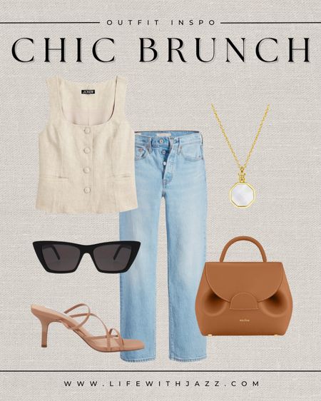 Chic brunch outfit inspo 

Linen top vest / light blue wash jeans / sunglasses / pearl necklace / nude heels / purse / chic / dressy 

#LTKstyletip #LTKSeasonal