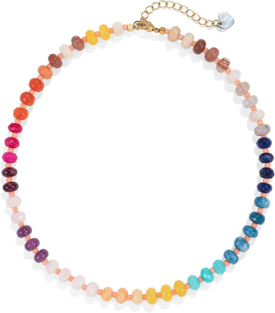 Gemstone Beaded Necklace for Women Colorful Natural Stone Freshwater Pearl Surfer Beach Rainbow N... | Amazon (US)