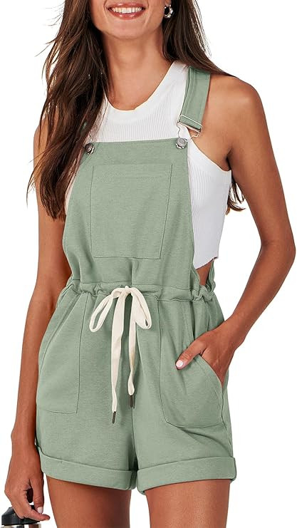 ANRABESS Women's Casual Straps Short Bib Overalls Basic Sleeveless Drawstring Romper Jumpsuits | Amazon (US)
