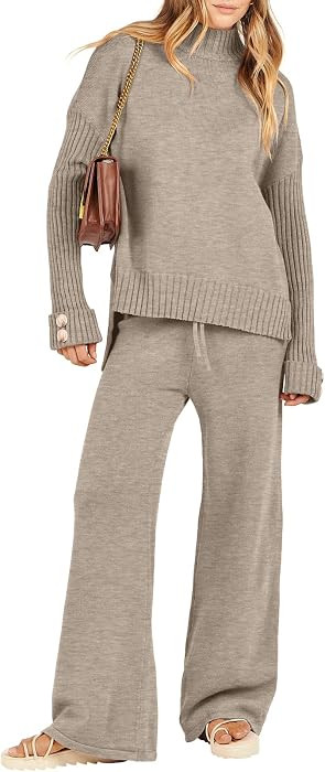 Soft Comfy Warm Lounge Matching Set, Knit Pullover Top & Wide Leg Pants, Casual Travel Sweatsuit,... | Amazon (US)