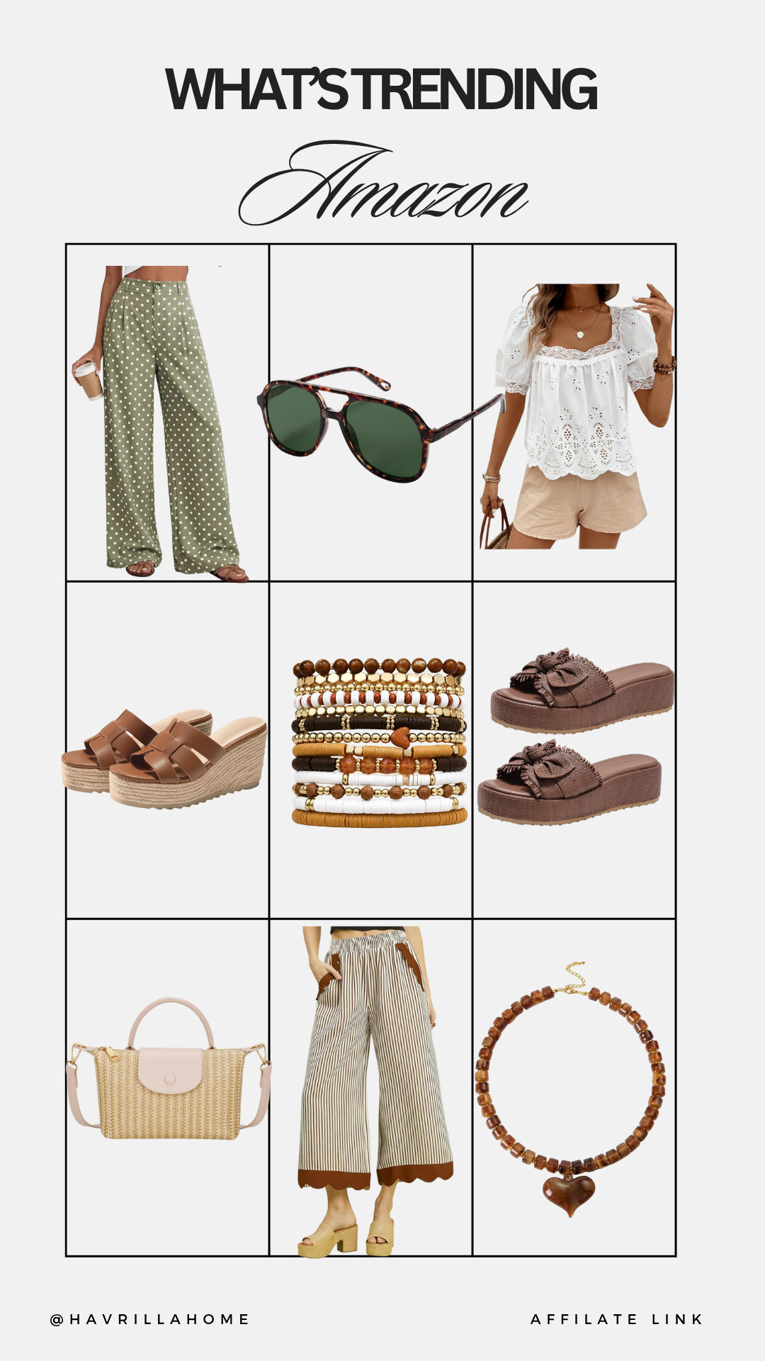 What's Trending, Amazon trending finds, Amazon fashion, trending outfits, women's fashion, polka dot pants, eyelet blouse, tortoise sunglasses, wedge sandals, platform sandals, beaded bracelets, straw crossbody bag, striped pants, statement necklace, brown accessories, casual chic style, affordable fashion, summer trends, Amazon must haves, everyday style, fashion inspiration

#LTKgrwm #LTKootd #LTKBeauty
