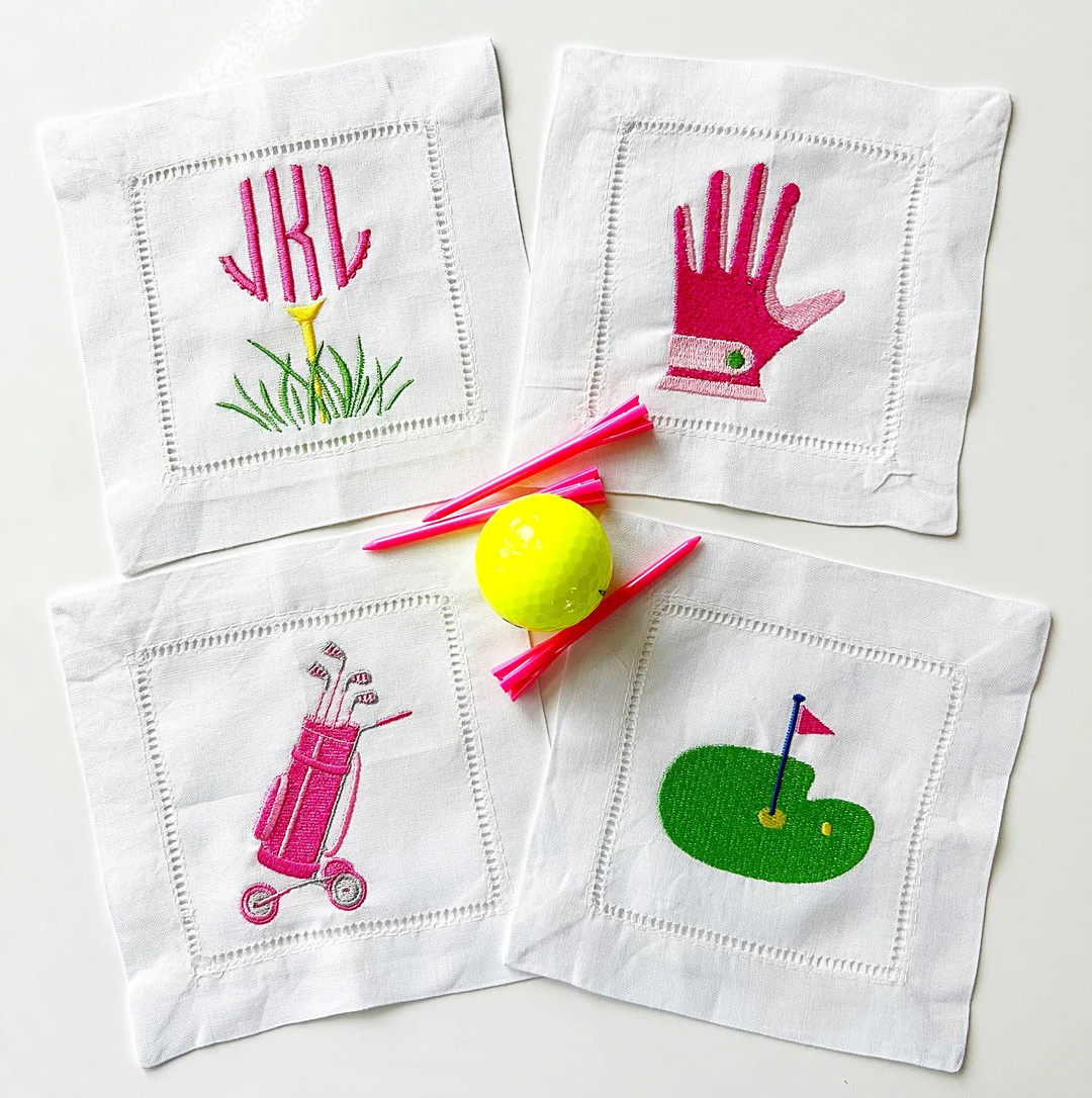 Golf Embroidered cocktail napkins hemstitched linen, 6x6. SET of 4 monogrammed. One design of eac... | Etsy (US)