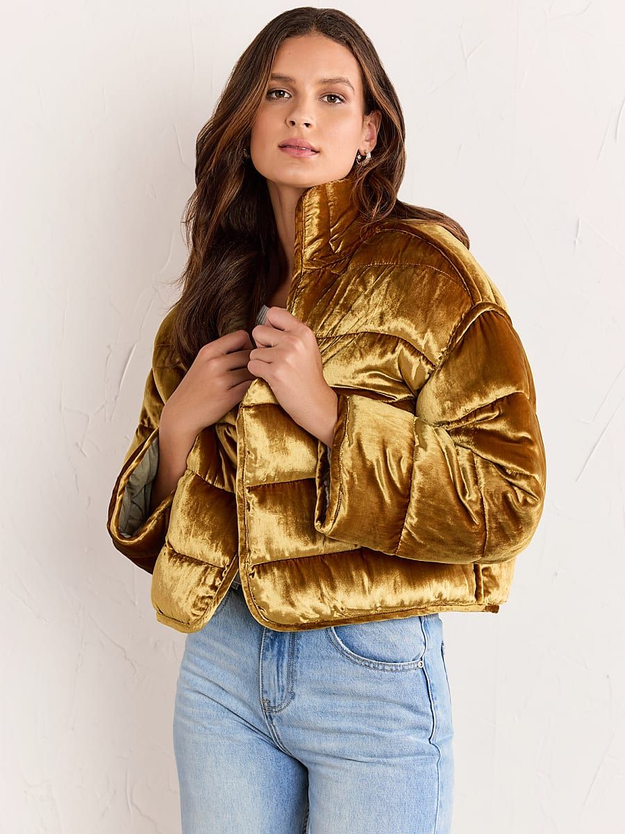NY & Co Women's Velvet Cropped Puffer Jacket - Stoosh Gold Size X-Large Nylon/Polyester/Rayon | New York & Company