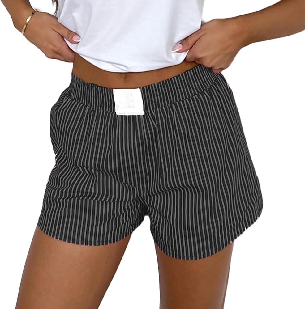Womens Plaid Striped Boxer Shorts Elastic Waist Pajama Shorts Cute Gingham Sleepwear Y2k Sleeping... | Amazon (US)