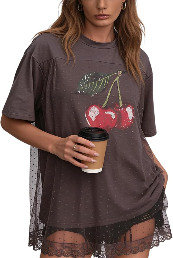 CSDAJIO Trendy Crew Neck Oversized T Shirts for Women Short Sleeve Loose Graphic Tee Summer Lace ... | Amazon (US)