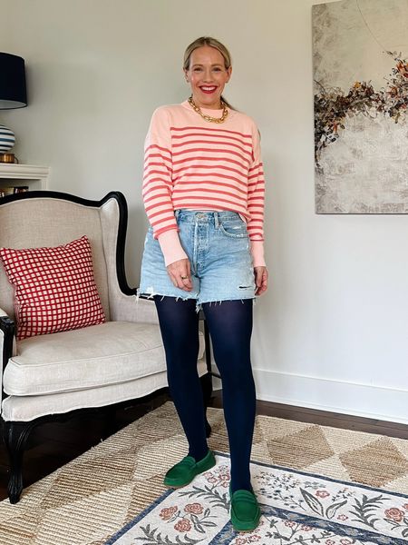 How to wear tights with shorts for Spring when it’s still cold outside - 4 outfit ideas today on CLAIRELATELY.com 

Minnow stripe sweater, agolde denim shorts Shopbop, Amazon tights, rothy drivers, chunky gold necklace, bow hair ties 

#LTKSeasonal #LTKfindsunder100 #LTKstyletip